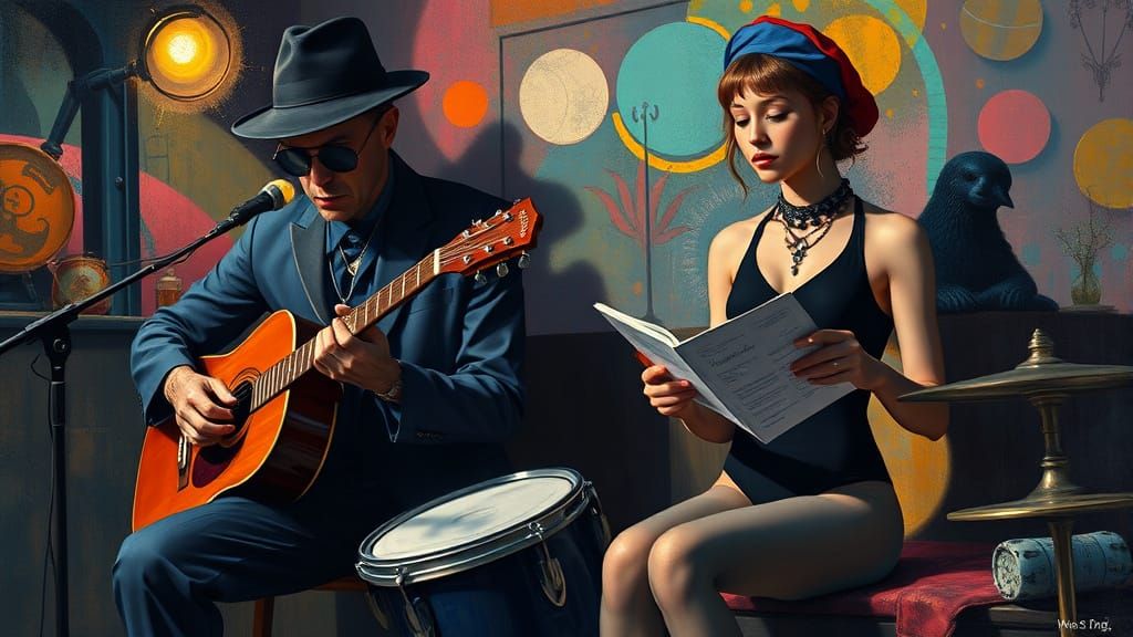 Beatnik Bongo Player and Poet in Surreal Scene