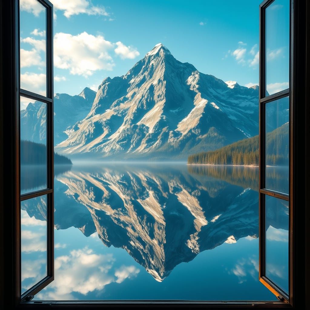 Ethereal Mountain Landscape in Ornate Window Frame