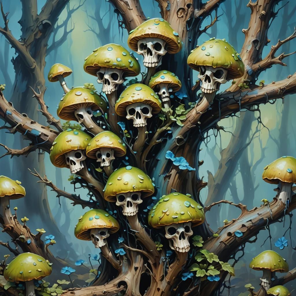 Surreal Mushrooms with Skull-Like Heads, Fauvist Painting