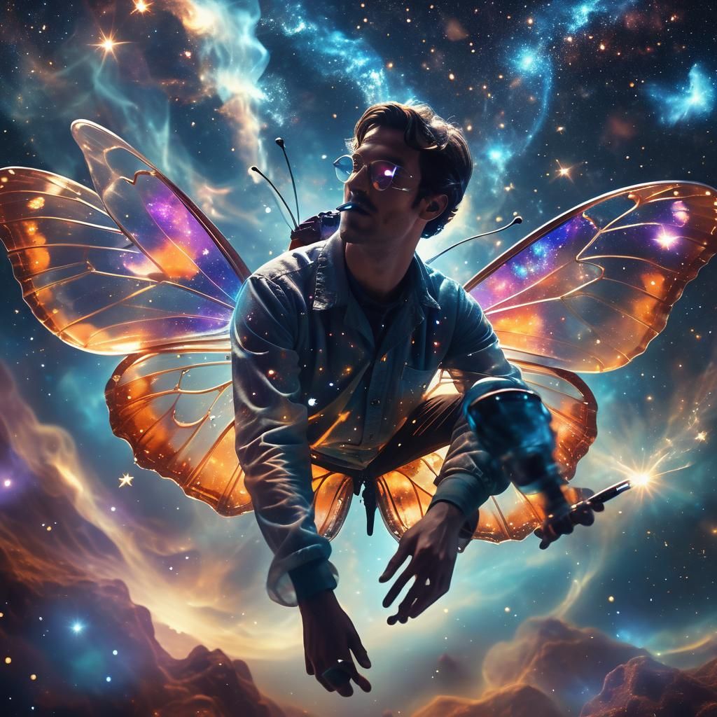 Man Rides Cosmic Butterfly: Cinematic Film Still
