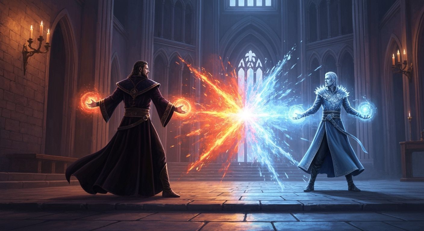 Mages Duel in Gothic Hall as Epic Fantasy Art