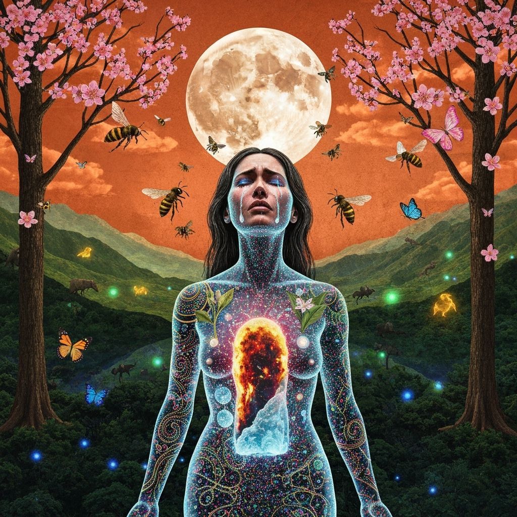 Mystical Shaman in Bioluminescent Forest Under Copper Sky