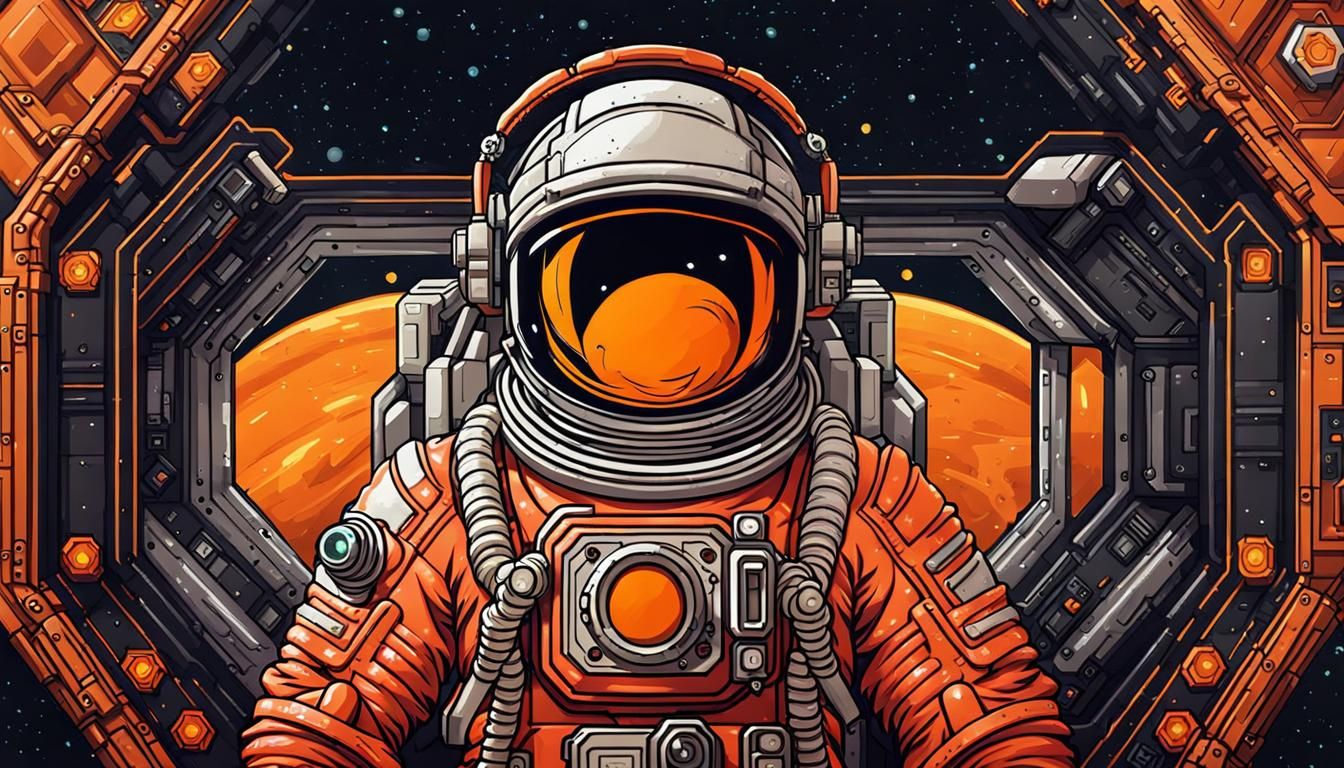 Upper body of a Spaceman in an orange spacesuit, Pixel Art s...