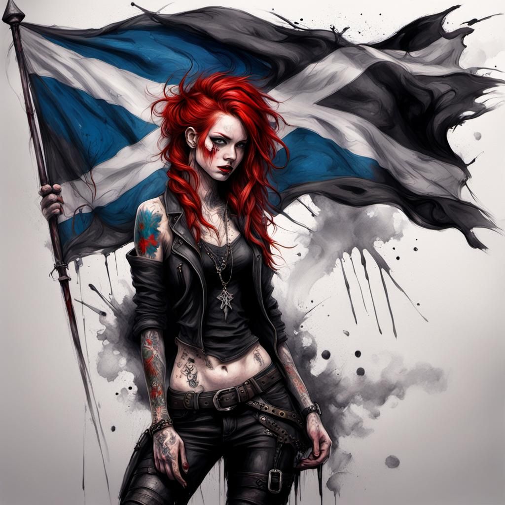 Goth Girl Portrait Sketch with Scotland Flag