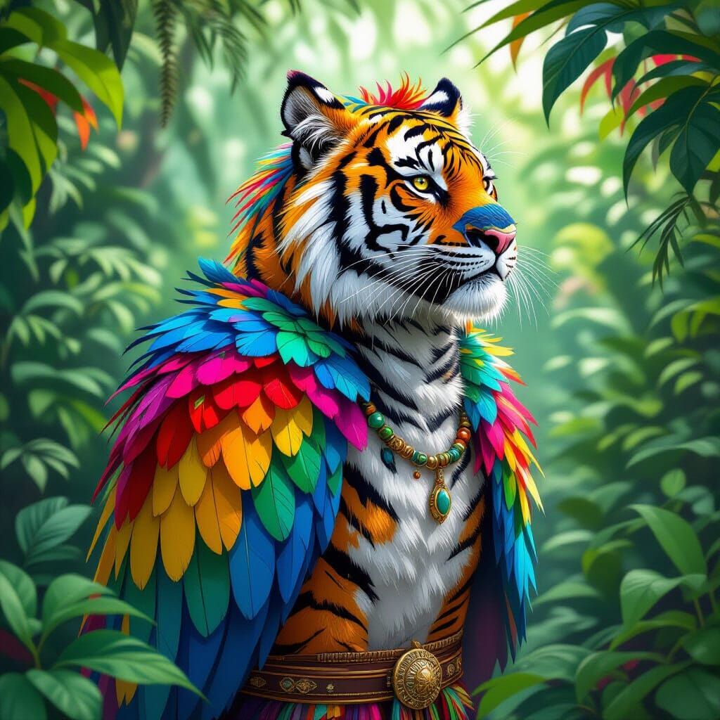 Vibrant Tiger-Parrot Hybrid in Lush Jungle