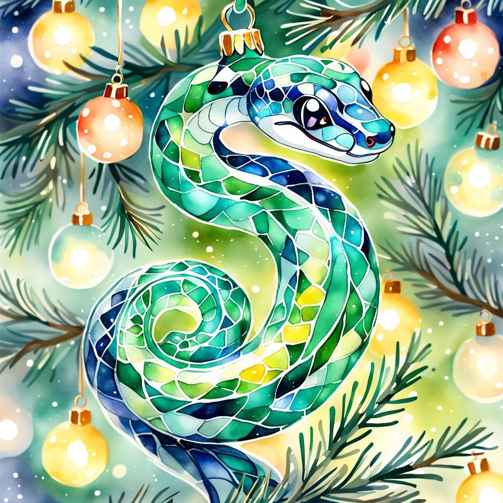 Smiling Glass Snake Christmas Ornament, Watercolor Style