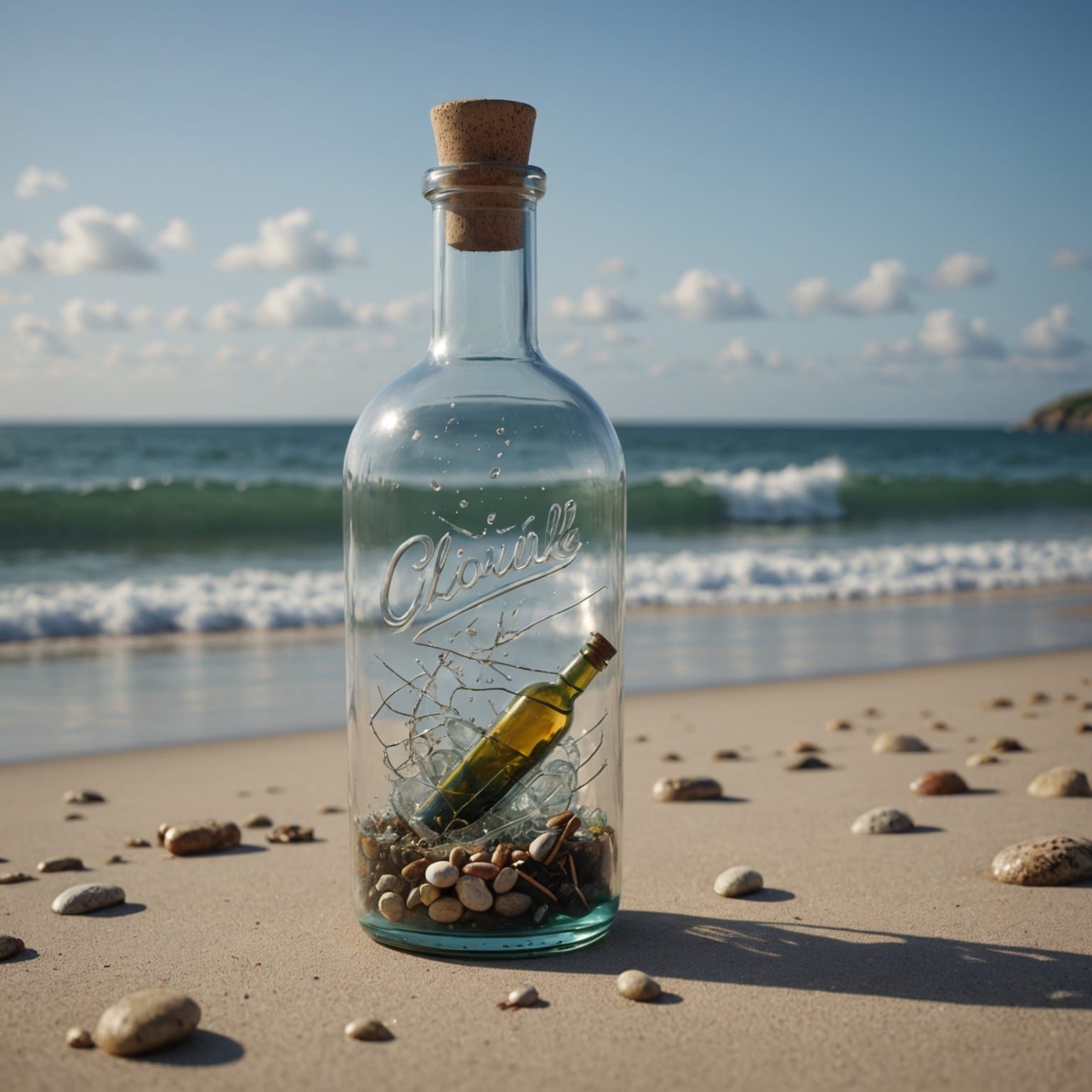 Surreal Message in a Bottle with Hyperrealistic Details