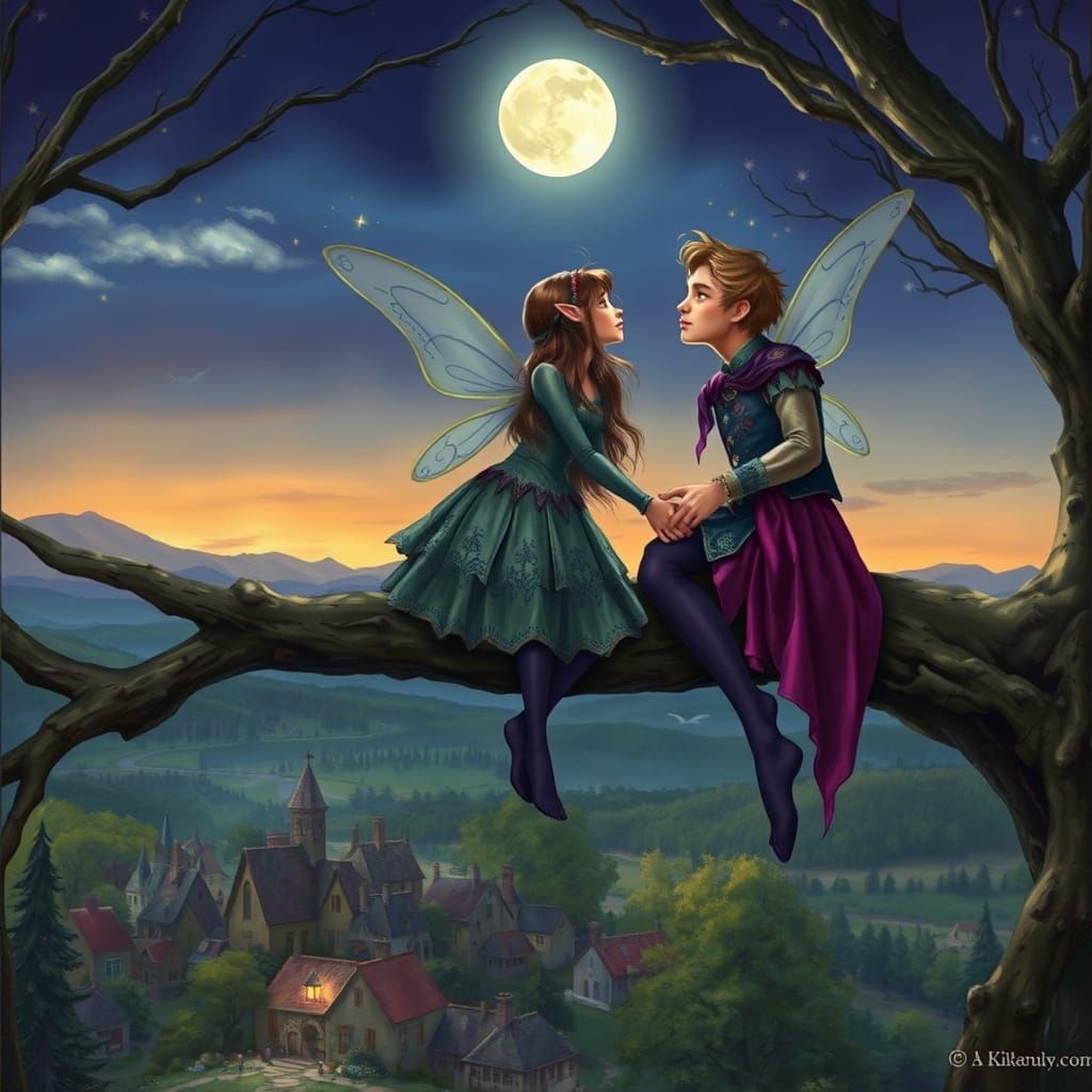 Fairy Couple in Moonlight, Whimsical Art