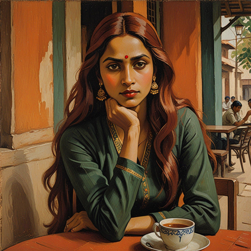 Surreal Café Scene in Earthy Tones with Subdued Atmosphere