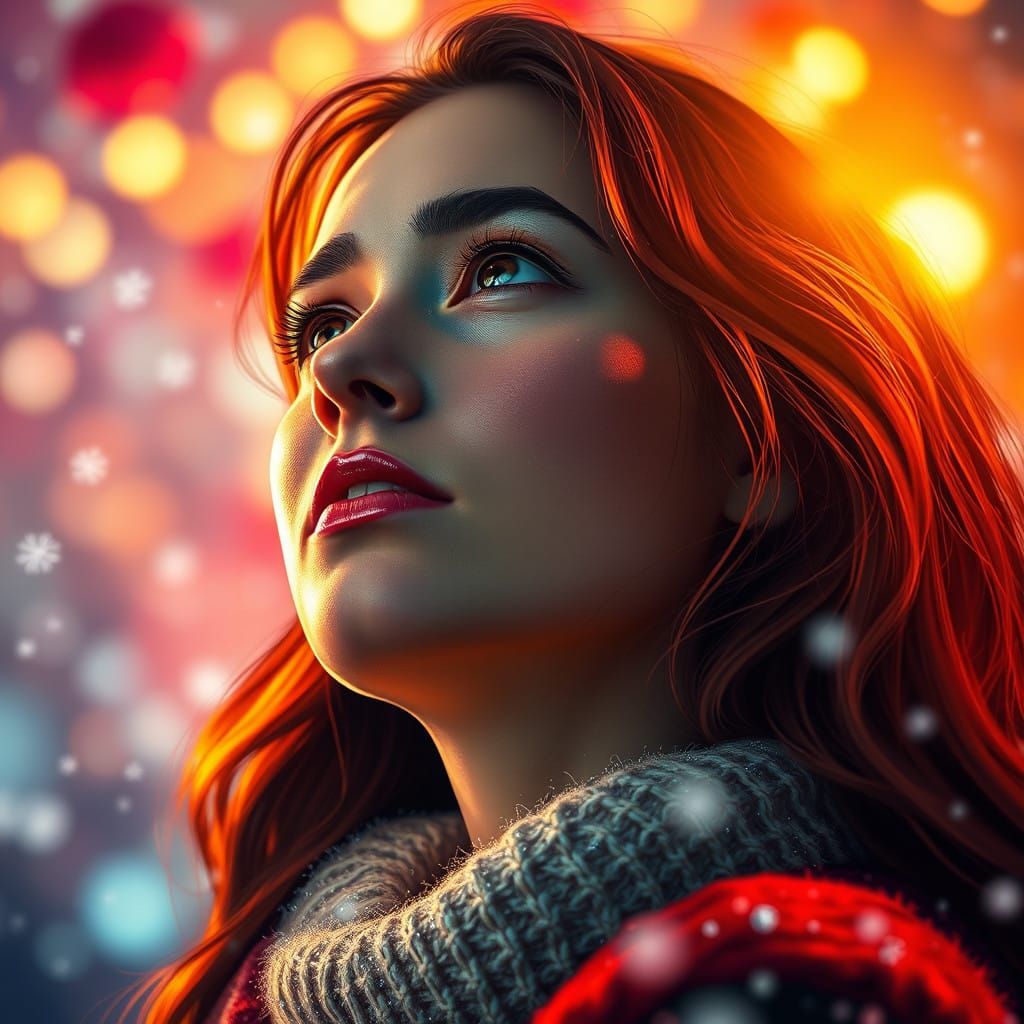 Wistful Winter Wonder Woman in Vibrant Holiday Scene