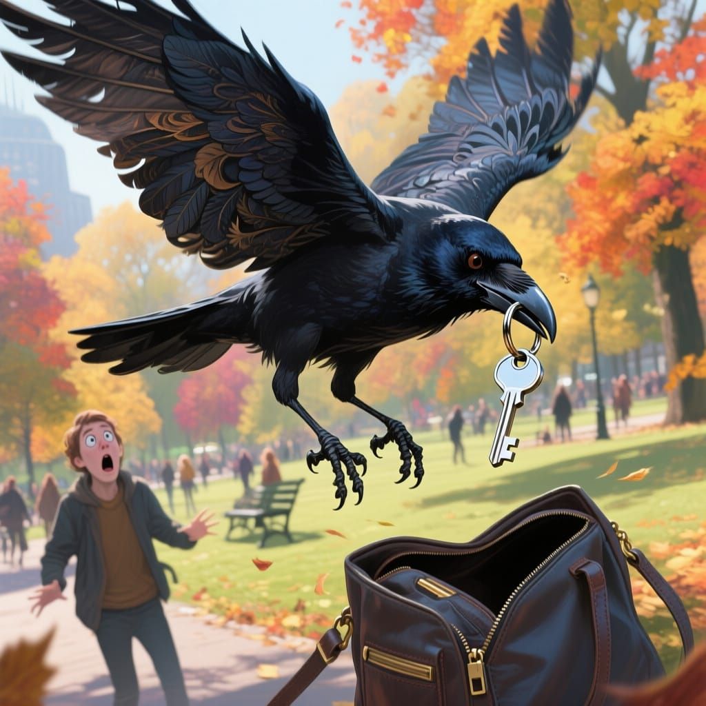 Sly Crow Steals Keychain in Bustling Park