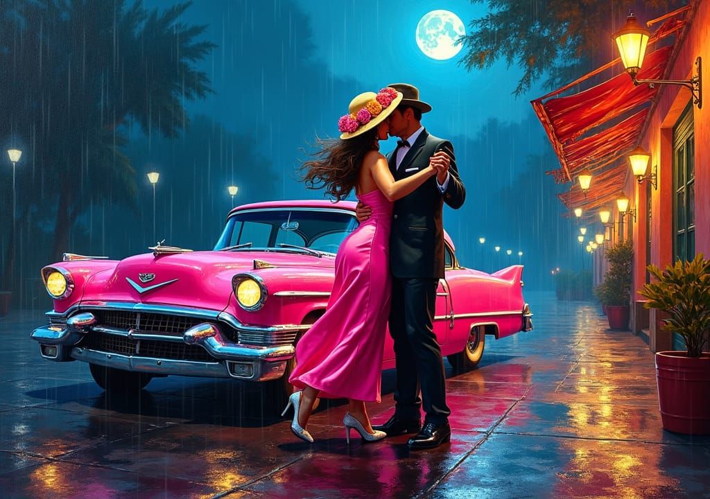 Argentinian Woman Dances Under Havana Moon as Impasto Painti...