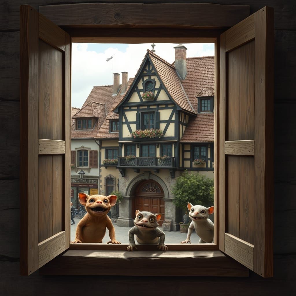 Friendly Creatures Gather in Whimsical Town Square Scene