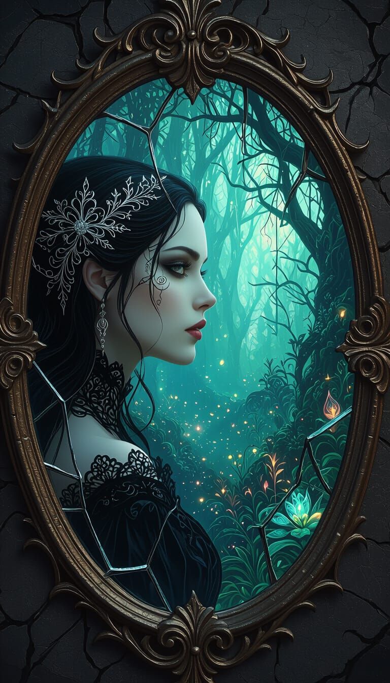 Enchanted Forest Portal Reflected in Cracked Mirror