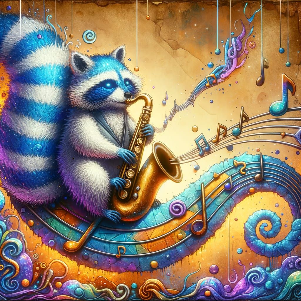 Surrealistic jazz scene. Close-up shot. A raccoon with iride...