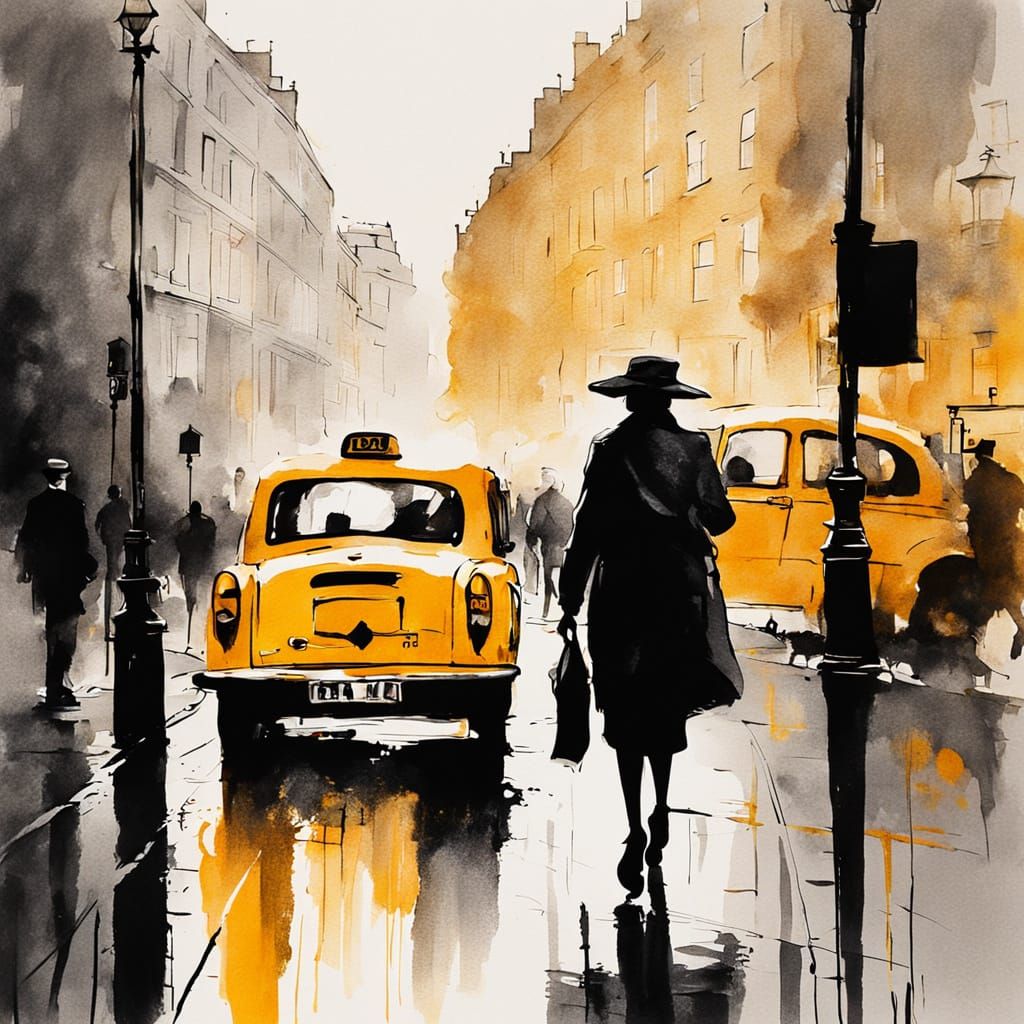 London Cab Hailing in European Ink Painting Style