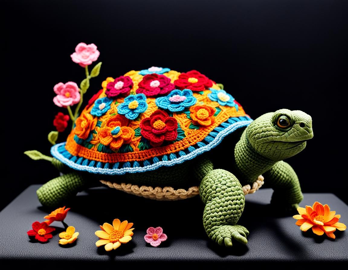 Floral Turtle Crochet Artwork on Black Background