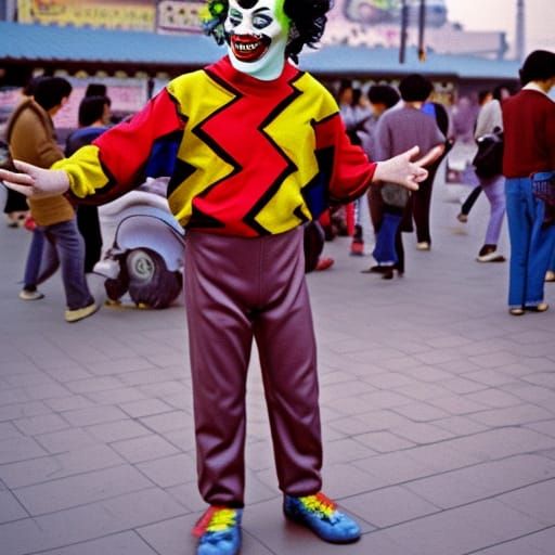 Gaudy Clown Performs in Bustling 1980s Seoul Plaza