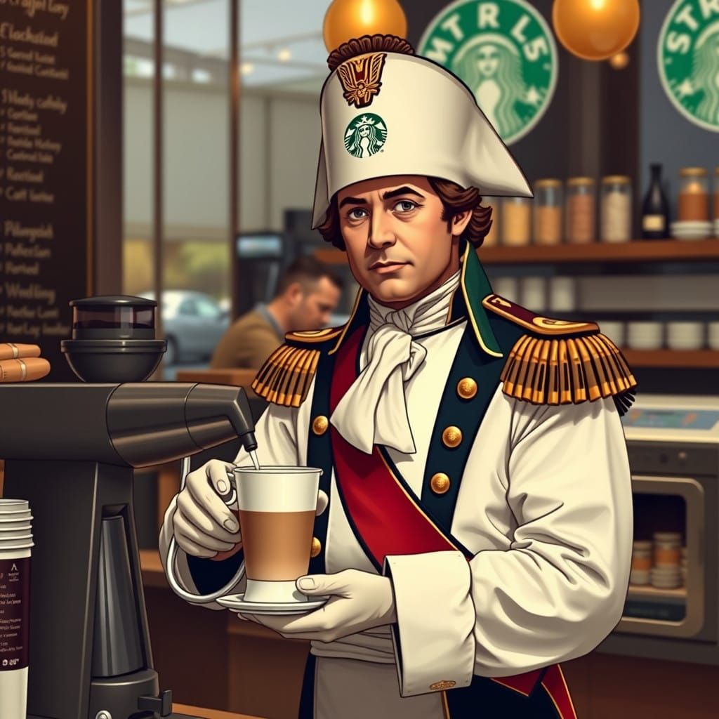 Napoleon Bonaparte as Barista in a Modern Coffee Shop