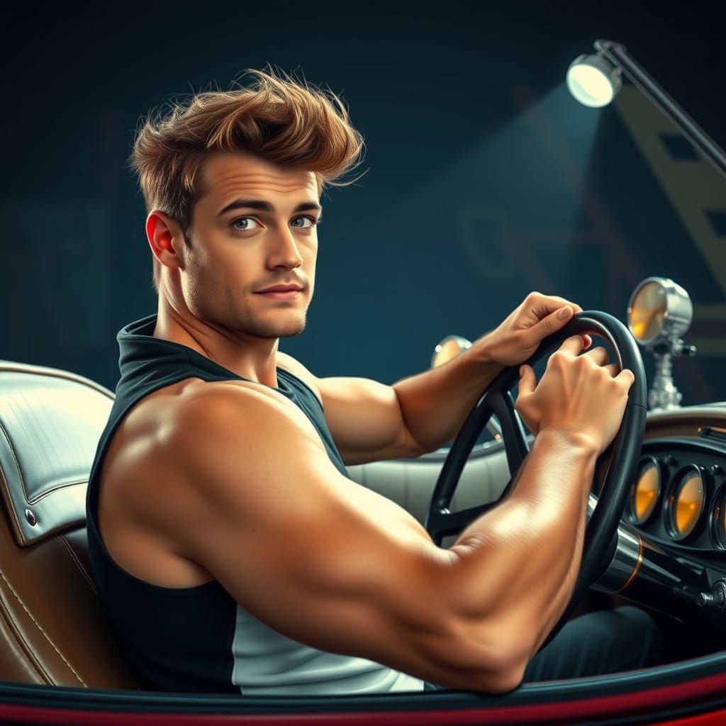 Dashing Dieselpunk Hero Behind the Wheel