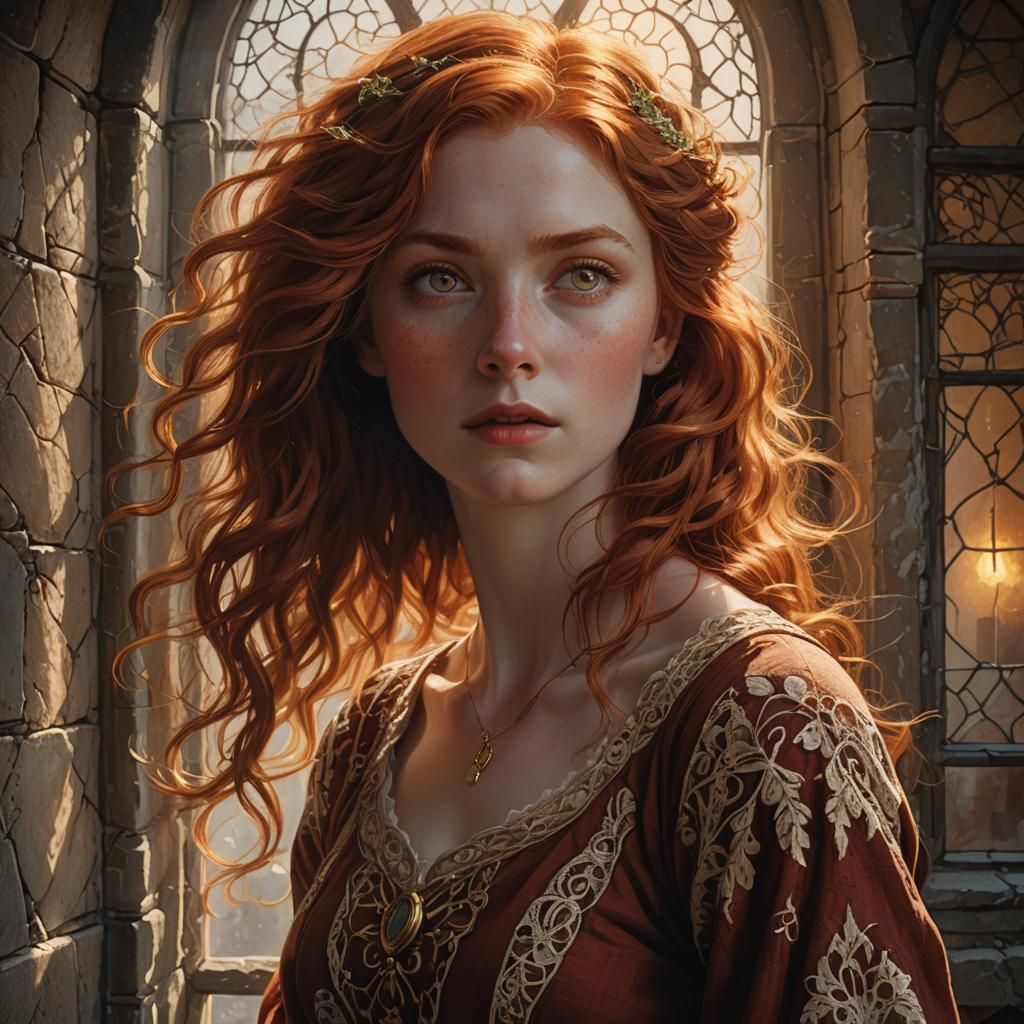 Red-Haired Woman Gazing at Sunrise in Art Nouveau Style