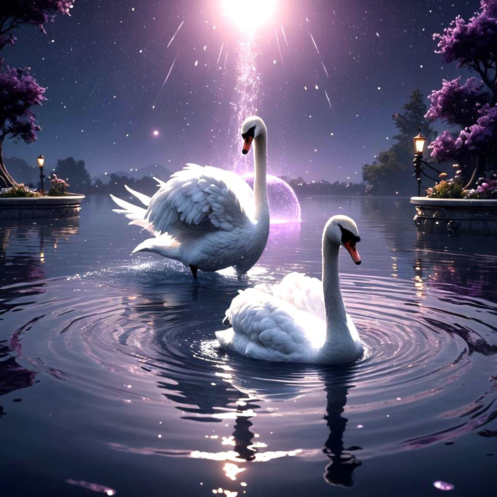 Moonlit Swan Serenade on Silver Fountain