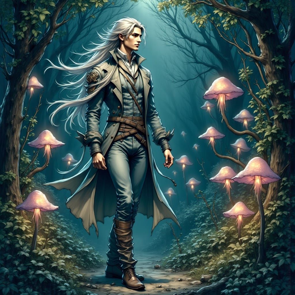 Bioluminescent Grotto: Serene Elf in Folk Art Nouveau Style