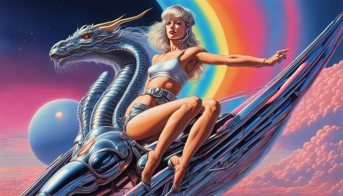 Cyborg Dragon Rider in Retro Sci-Fi Landscape