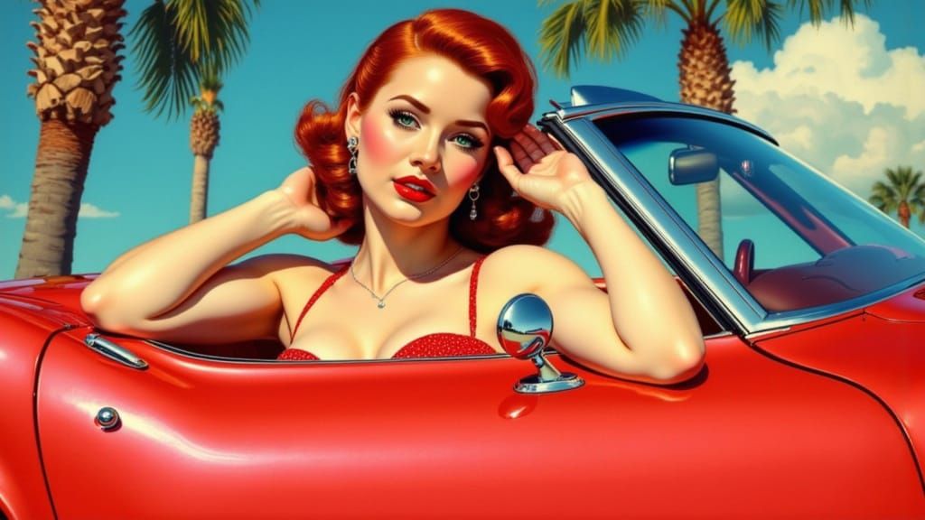 Pin Up Woman With Red Hair Leaning On 1970 Corvette