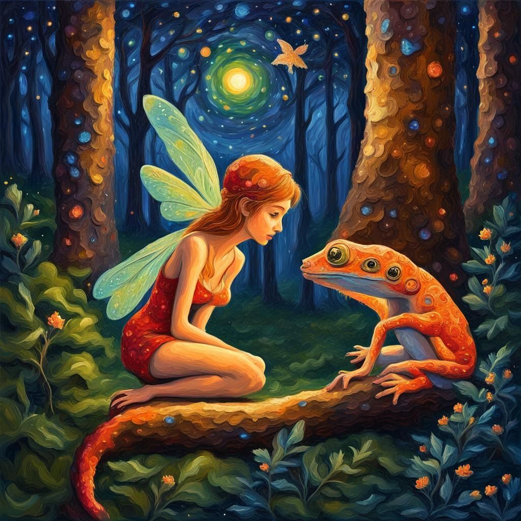 Fairy and Gecko Under Starlight, as Impasto Oil Painting