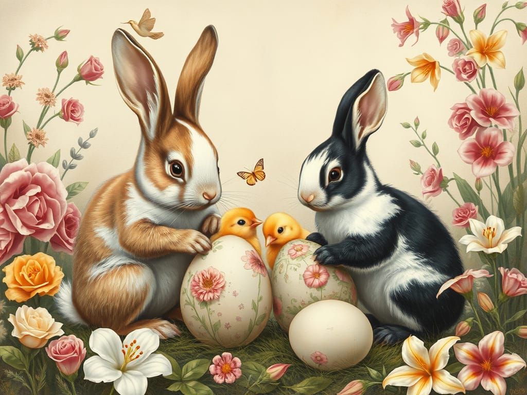 Easter Bunnies Painting Eggs in Art Nouveau Style
