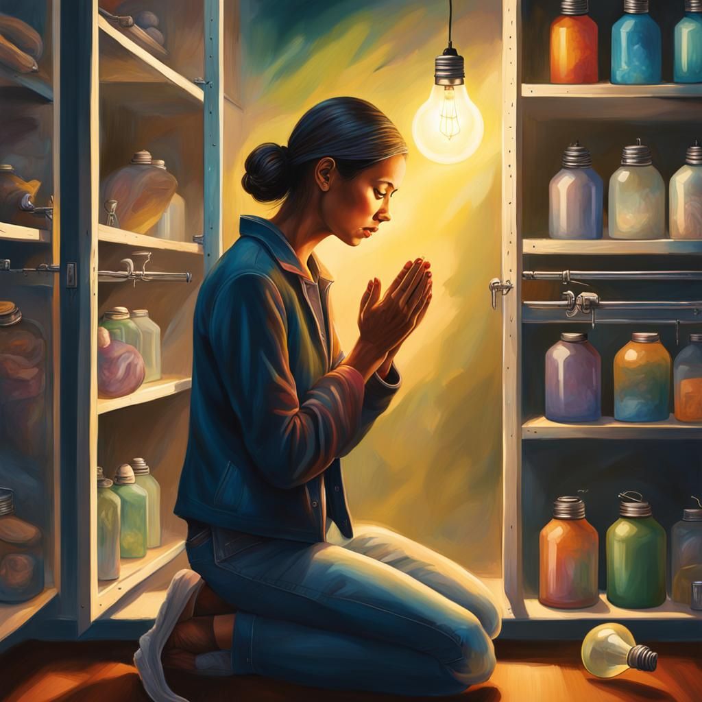 Woman Praying in Closet: Hyperrealistic Splash Art