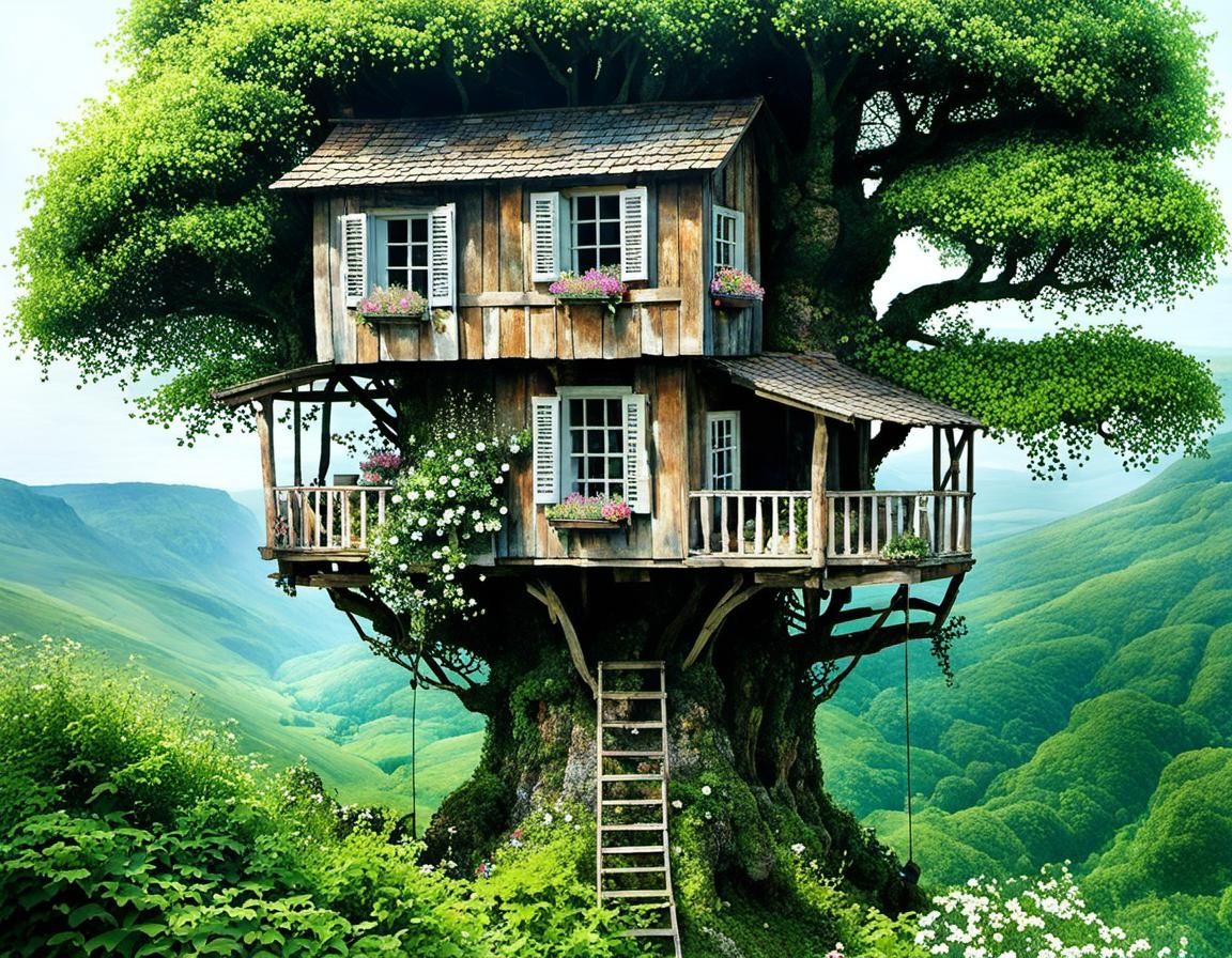 Rustic Treehouse in Whimsical Botanical Style