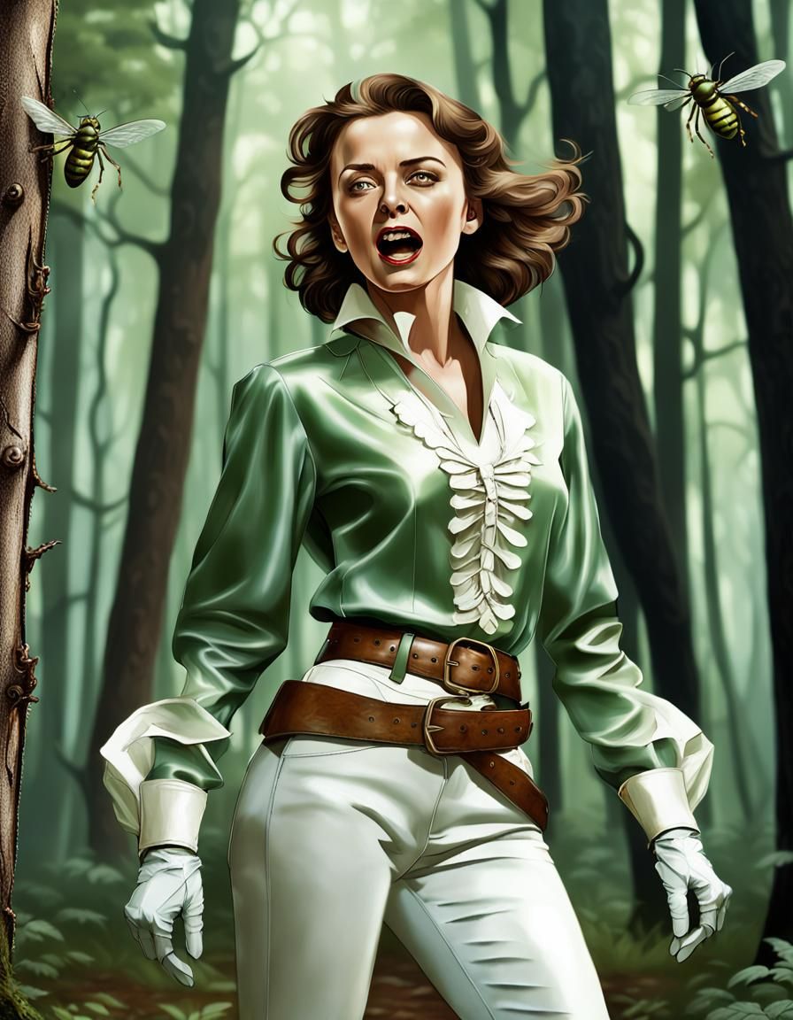 Woman Attacked by Wasps in Forest, Hyperrealistic Art