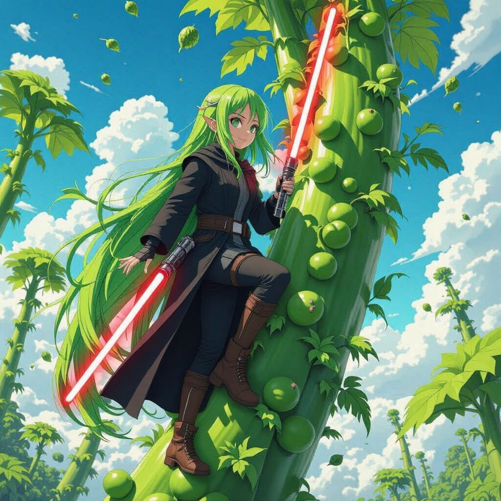 Anime Girl Climbs Beanstalk with Lightsaber