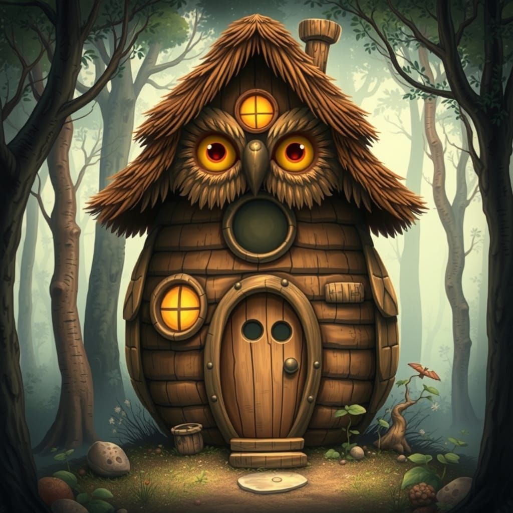 Whimsical Owl House in Mystical Forest