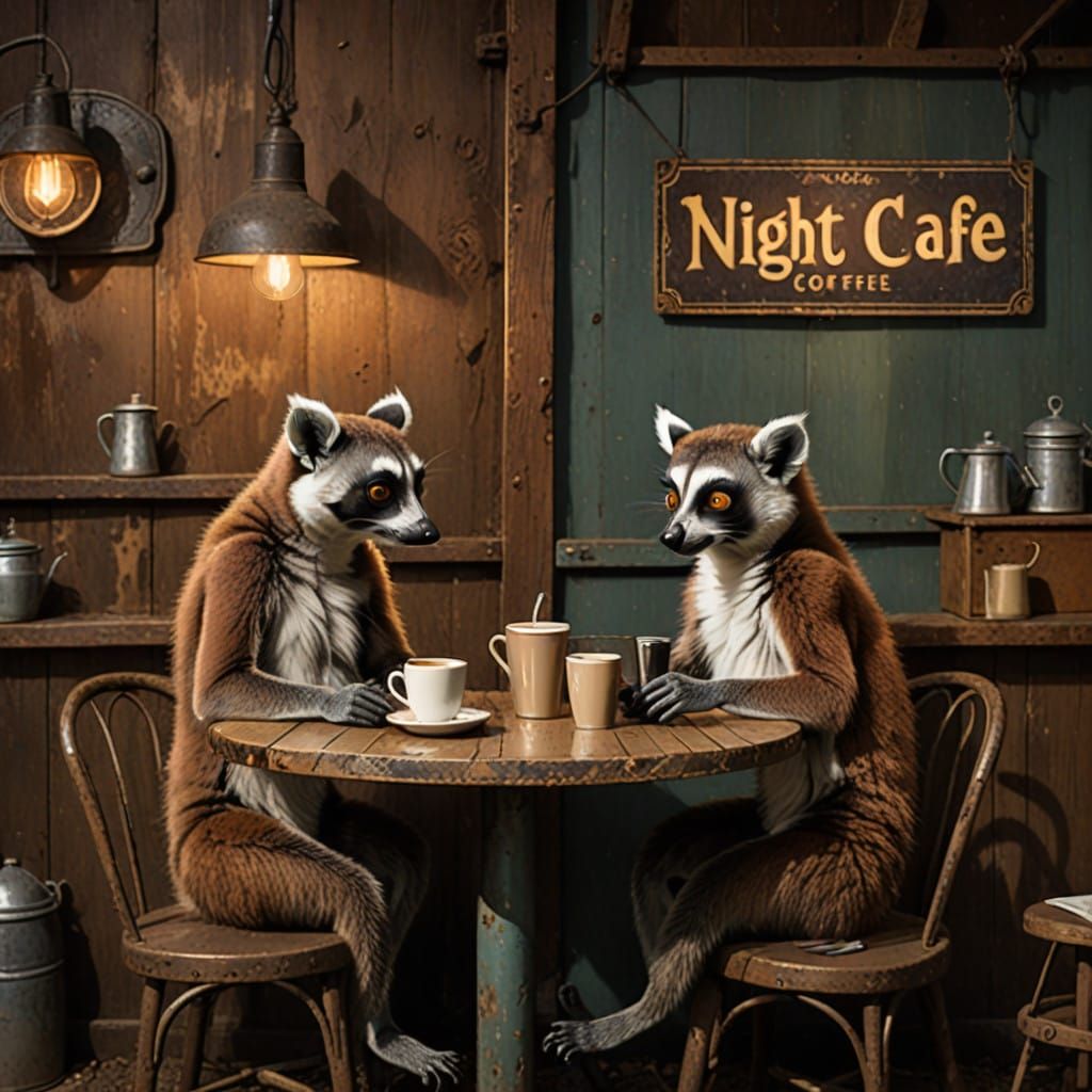 Anthropomorphic Lemurs in Whimsical Night Cafe Scene