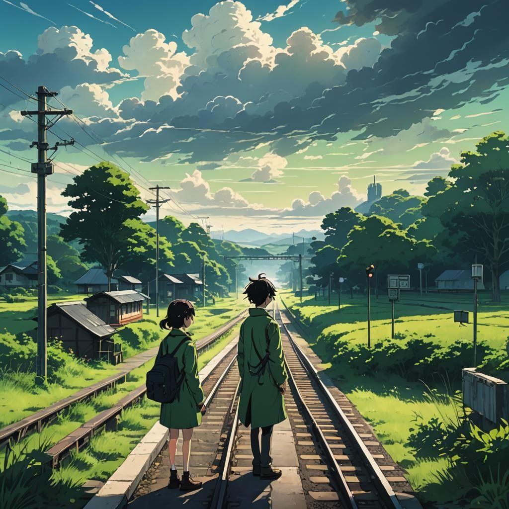 Lonely Commuter in Anime Style on Green Platform