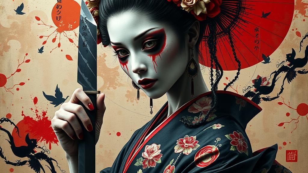 Horror Geisha with Japanese Knife in Surreal Setting