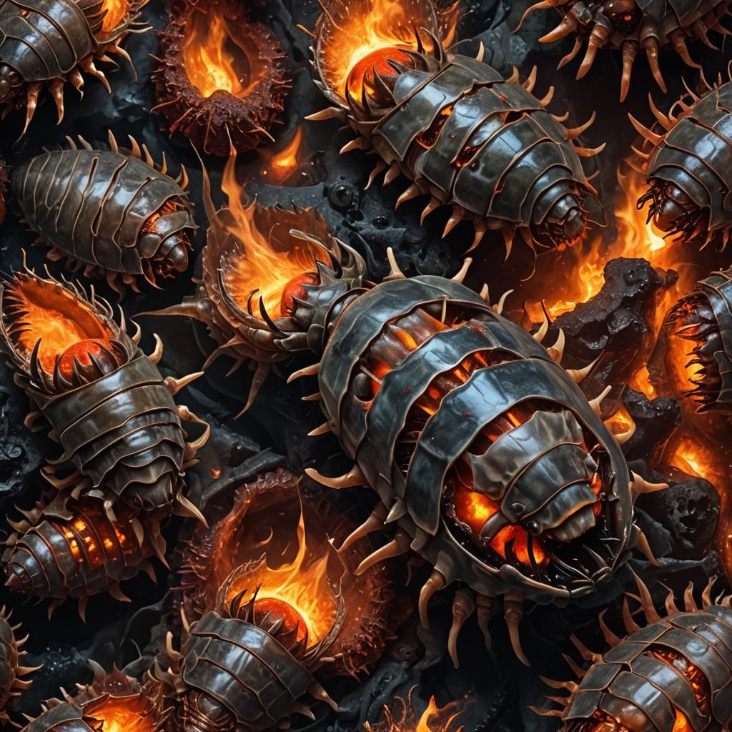 Surreal Giant Isopods Engulfed in Flames