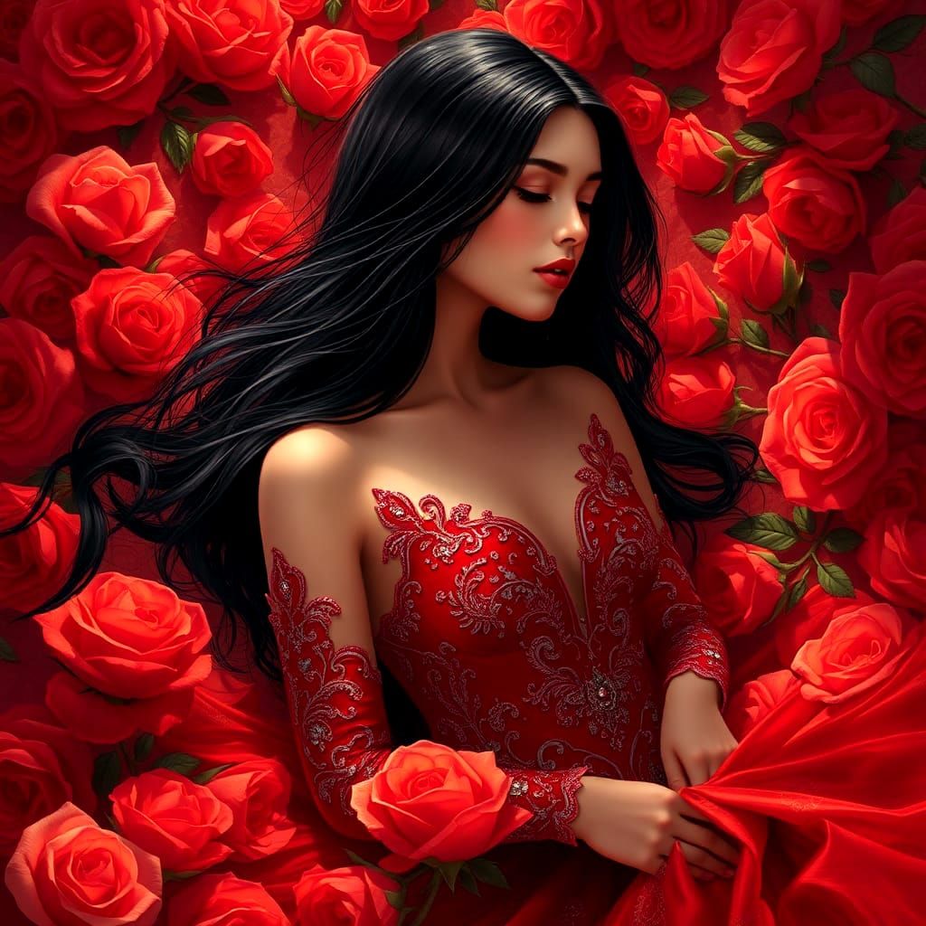 Elegant Woman in Crimson Gown on Roses