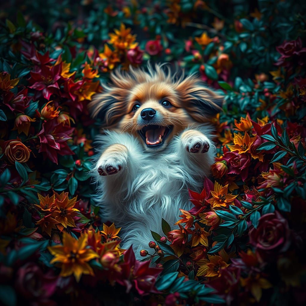 Joyful Dog Lost in Whirlwind of Colorful Foliage