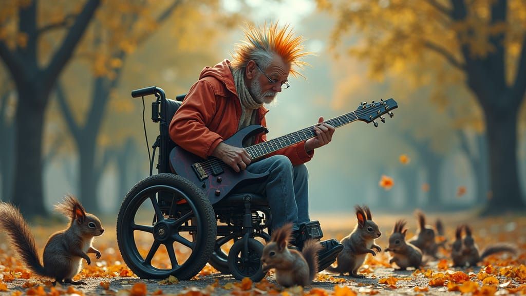 Elderly Guitarist and Dancing Squirrels in Hyperrealism