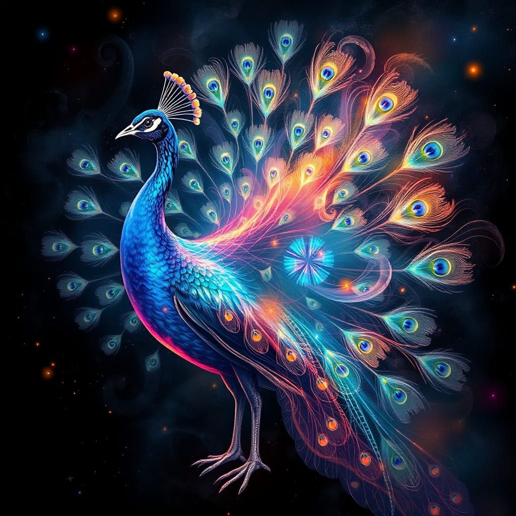 Iridescent Peacock Shimmers in Cosmic Quantum Patterns