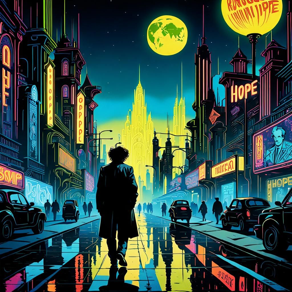 Robert Smith in Neon-Noir Mucha Cityscape