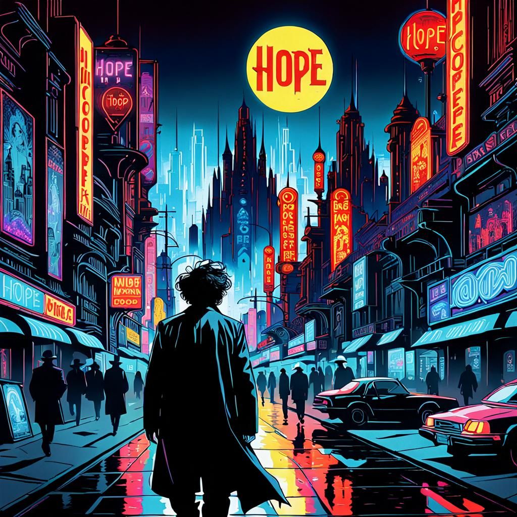 Robert Smith in Mucha-Style Neon Cityscape