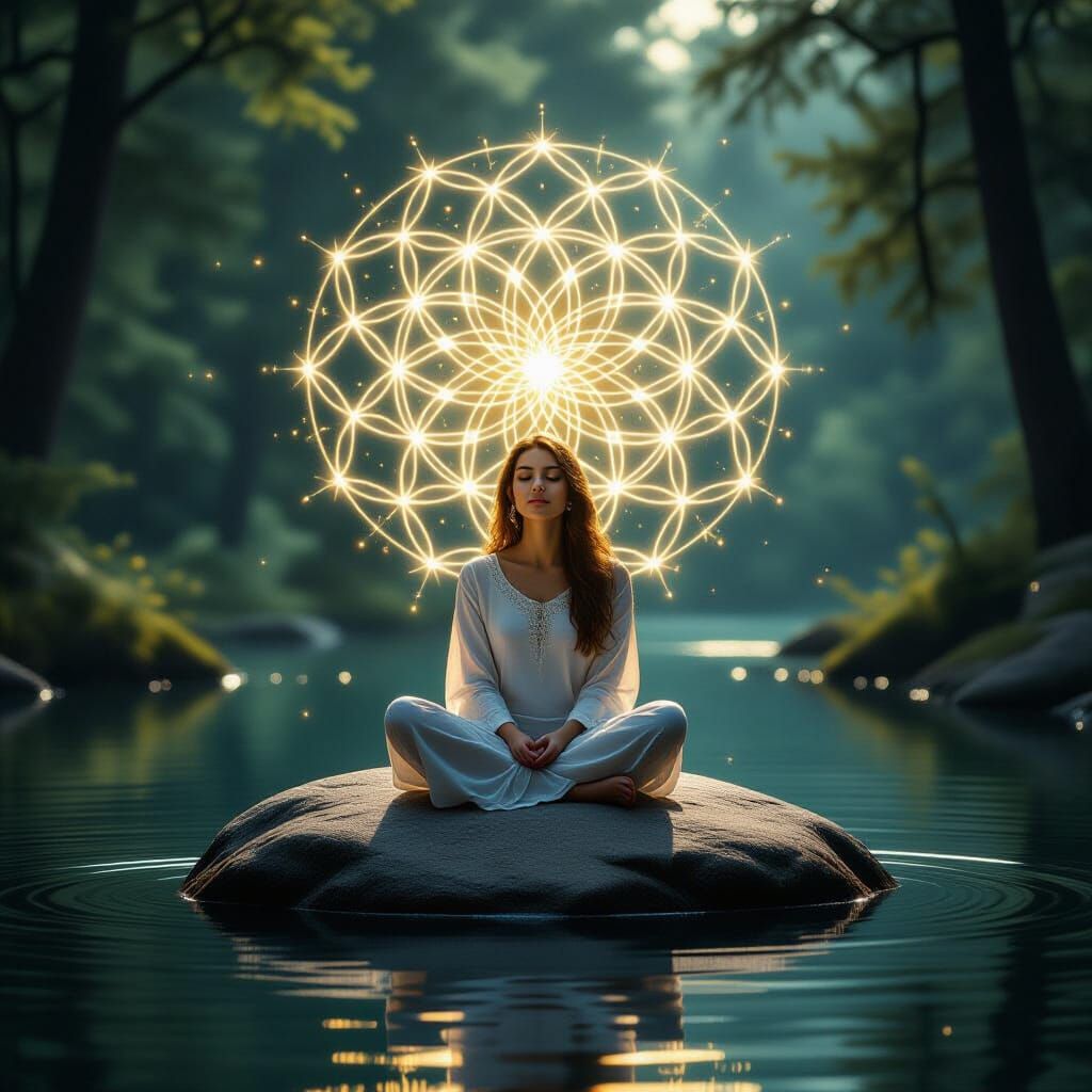 Woman Emitting Glowing Geometry from Lips in Forest Lake