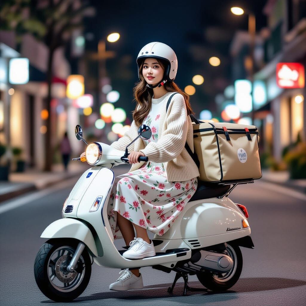 Woman Delivering Food at Night in Floral Dress