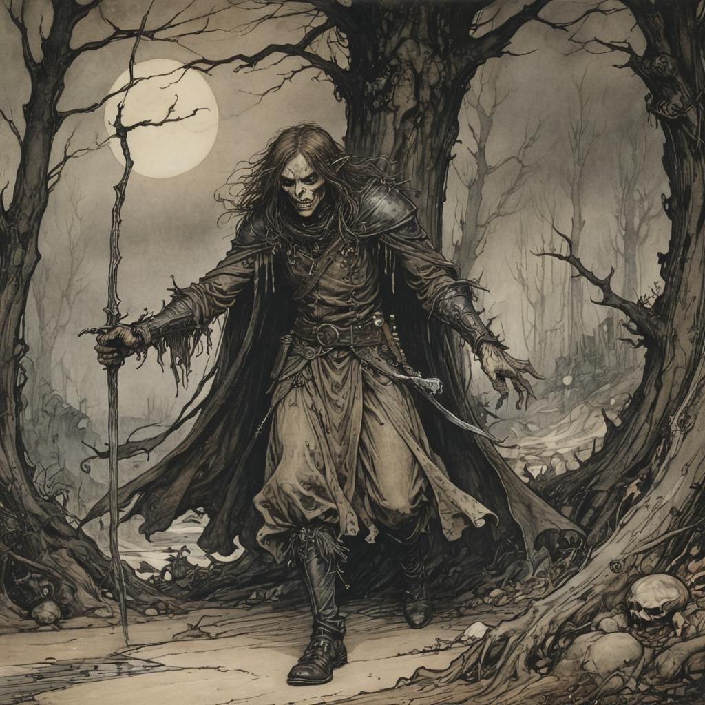 Grimdark Fantasy Illustration in Arthur Rackham Style