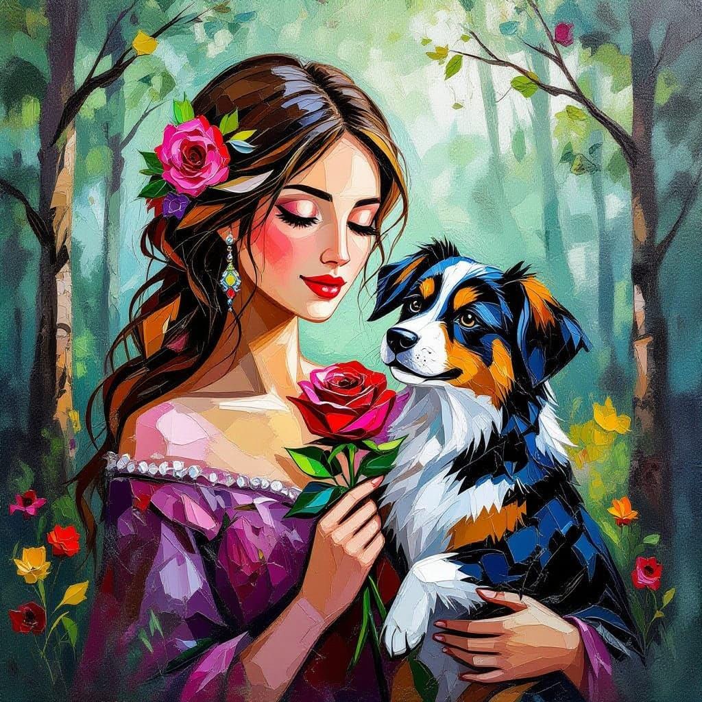 Woman with Dog and Rose, Impasto Painting